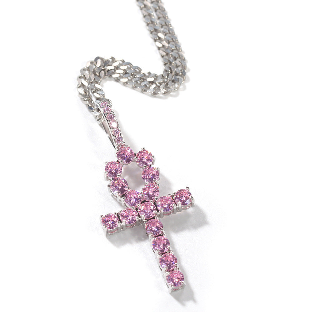 Collier Hip Hop Pendentif Ankh Égyptien Clé Croix Avec Zircons Brillants Pour Un Style Audacieux