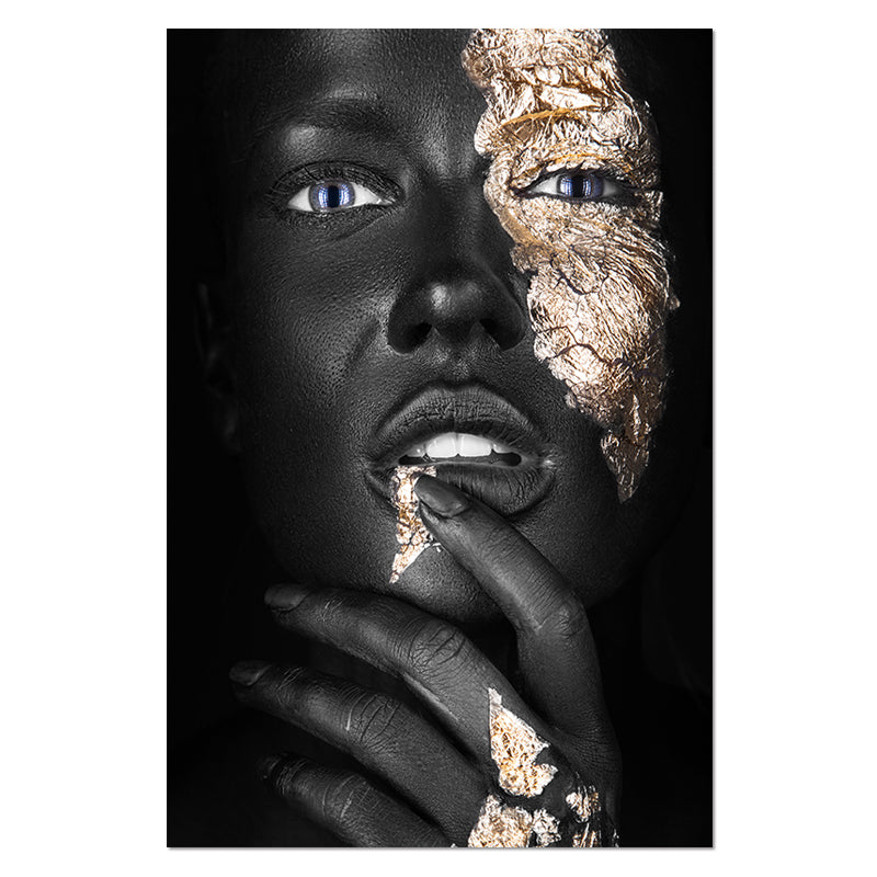 Peinture Décorative Sur Toile Femme Africaine Dorée Et Noire Élégante Pour Intérieur Moderne