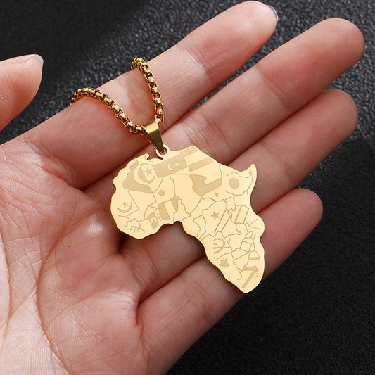 Collier Unisexe Carte Afrique Style Hip Hop Retro Europe Amerique Plaqué Or Titane Acier Inoxydable