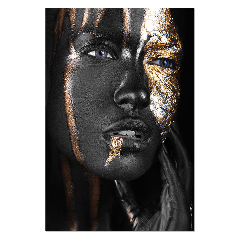 Peinture Décorative Sur Toile Femme Africaine Dorée Et Noire Élégante Pour Intérieur Moderne