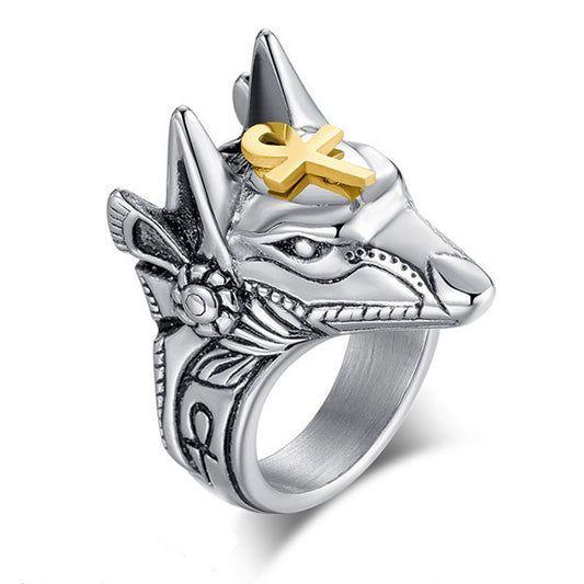 Bague Punk Anubis Croix Égyptienne Tête de Loup en Acier Inoxydable Unisexe pour Style Gothique Moderne