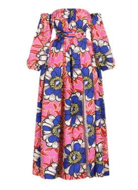 Robe Longue Été À Manches Longues Imprimé Numérique Style Africain Encolure Simple Fente