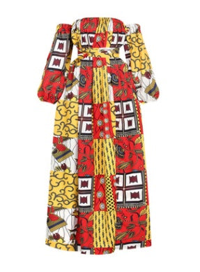 Robe Longue Été À Manches Longues Imprimé Numérique Style Africain Encolure Simple Fente