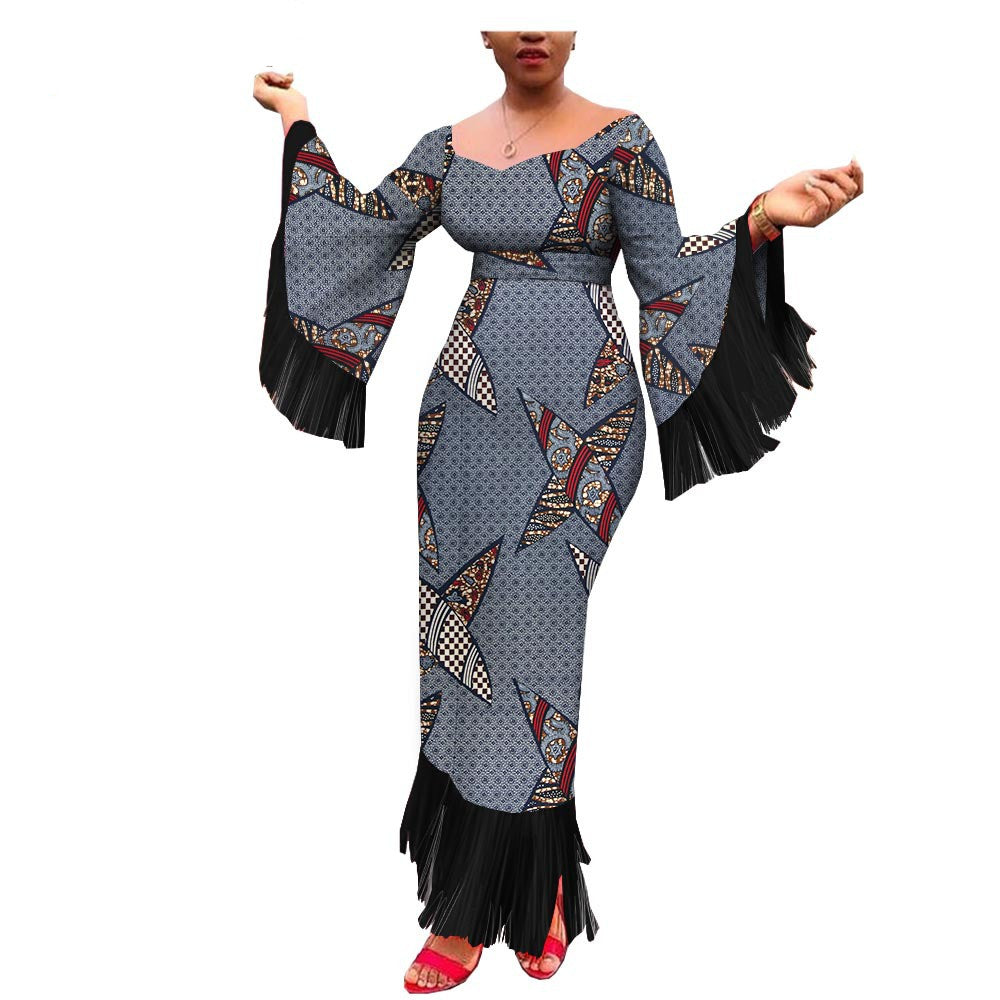 Robe Longue Africaine Imprimée Batik Coton Taille Plus à Franges Élégantes et Authentique