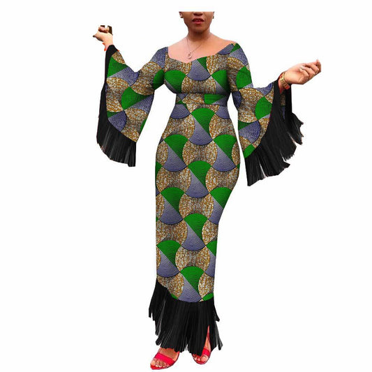 Robe Longue Africaine Imprimée Batik Coton Taille Plus à Franges Élégantes et Authentique