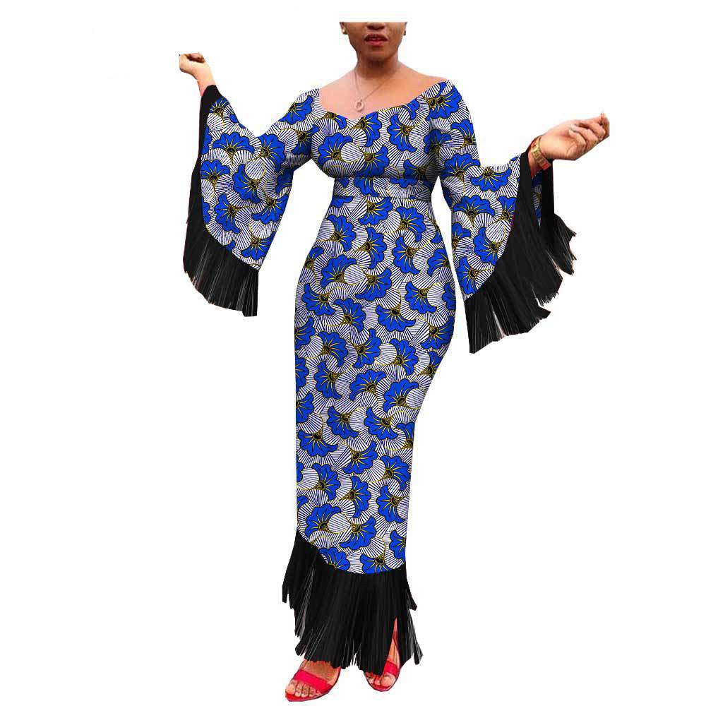Robe Longue Africaine Imprimée Batik Coton Taille Plus à Franges Élégantes et Authentique