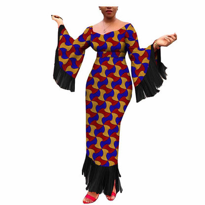 Robe Longue Africaine Imprimée Batik Coton Taille Plus à Franges Élégantes et Authentique