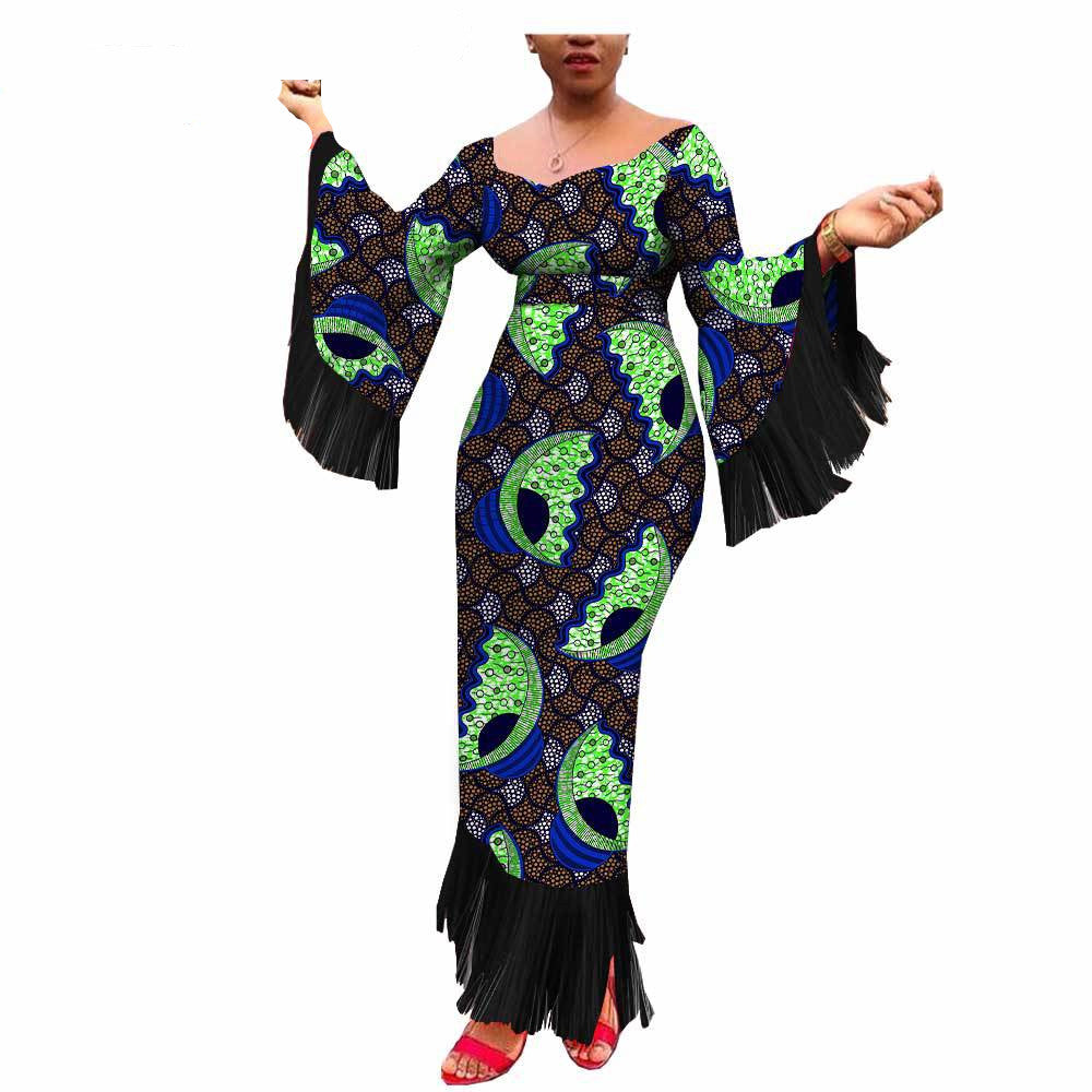 Robe Longue Africaine Imprimée Batik Coton Taille Plus à Franges Élégantes et Authentique