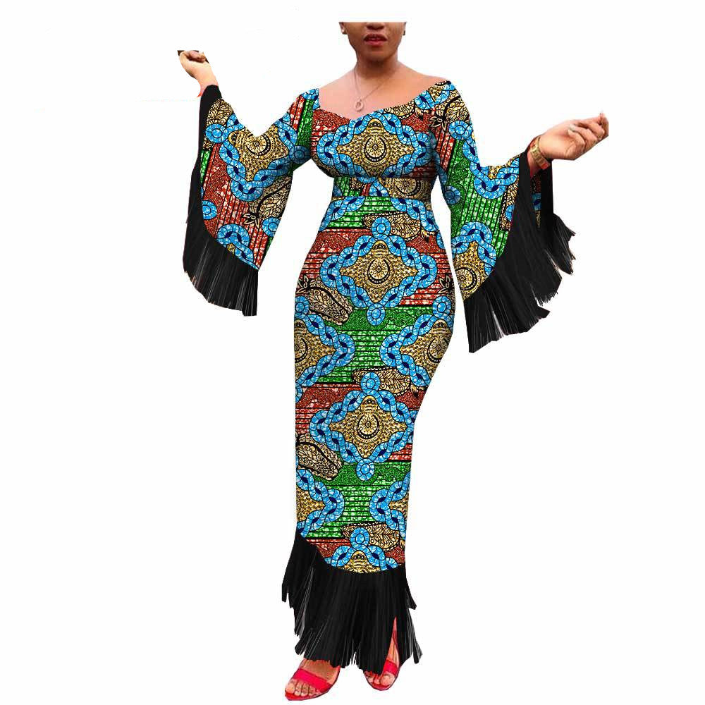 Robe Longue Africaine Imprimée Batik Coton Taille Plus à Franges Élégantes et Authentique