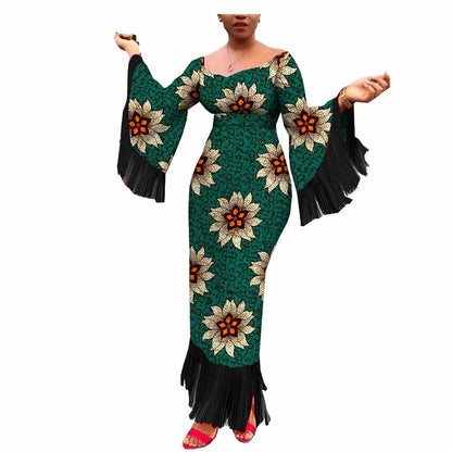 Robe Longue Africaine Imprimée Batik Coton Taille Plus à Franges Élégantes et Authentique
