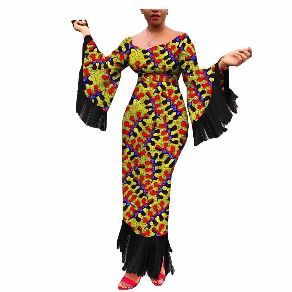 Robe Longue Africaine Imprimée Batik Coton Taille Plus à Franges Élégantes et Authentique