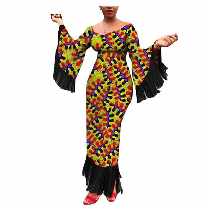 Robe Longue Africaine Imprimée Batik Coton Taille Plus à Franges Élégantes et Authentique