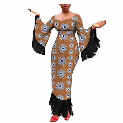 Robe Longue Africaine Imprimée Batik Coton Taille Plus à Franges Élégantes et Authentique