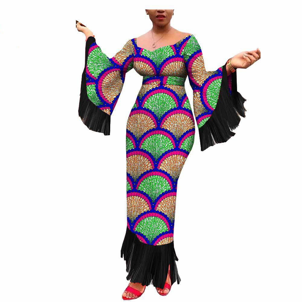 Robe Longue Africaine Imprimée Batik Coton Taille Plus à Franges Élégantes et Authentique
