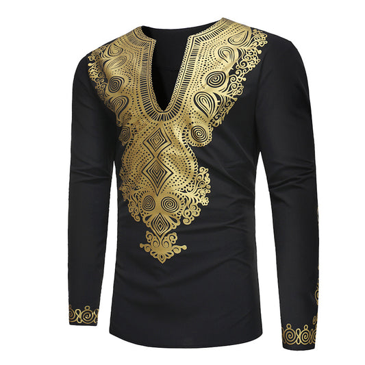 New Style Hot Sale Slim Men's African Ethnic  Style Print Mid-length T-shirt Top