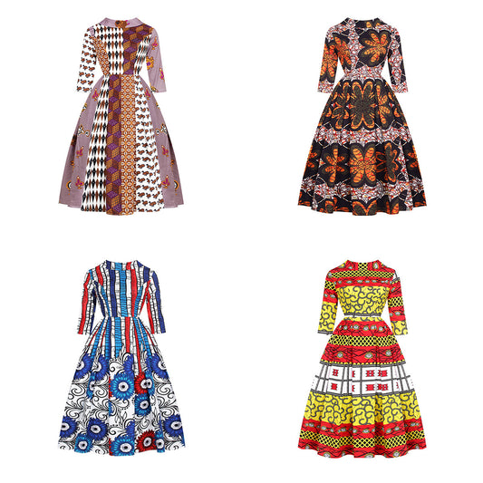 Manufacturer Direct Sales Digital Printing African Style Women'S V-Neck Zipper Three Quarter Sleeve Fashion Dress Skirt