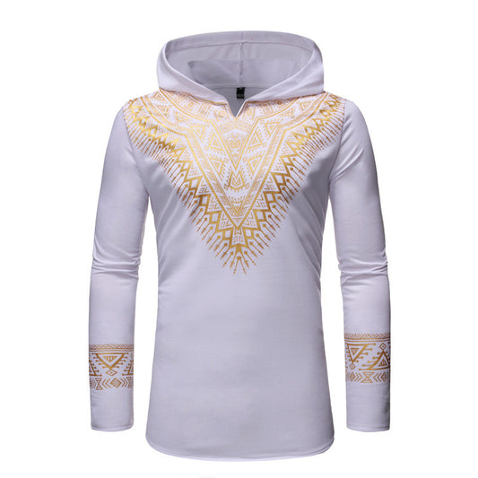 Veste Longue Imprimée Tribale À Capuche Sans Doublure Avec Ourlet En Arc Pour Un Style Audacieux Quotidien