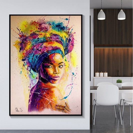 Peinture Déco Moderne Minimaliste Doodle Femme Africaine Avec Foulard Tête Sans Cadre Pour Décoration Intérieure
