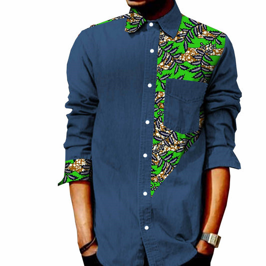 T Shirt Homme En Coton Imprime Batik Africain Manches Longues Denim Style Streetwear Décontracté