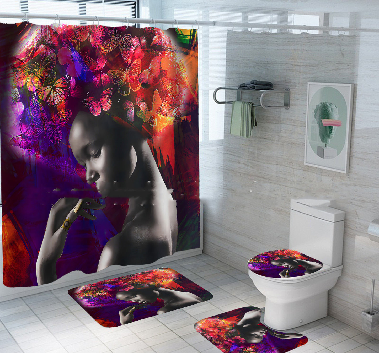 Tapisserie en Polyester Imprimée Tête de Femme Africaine Entourée de Lettres Explosives pour Décoration Murale Moderne