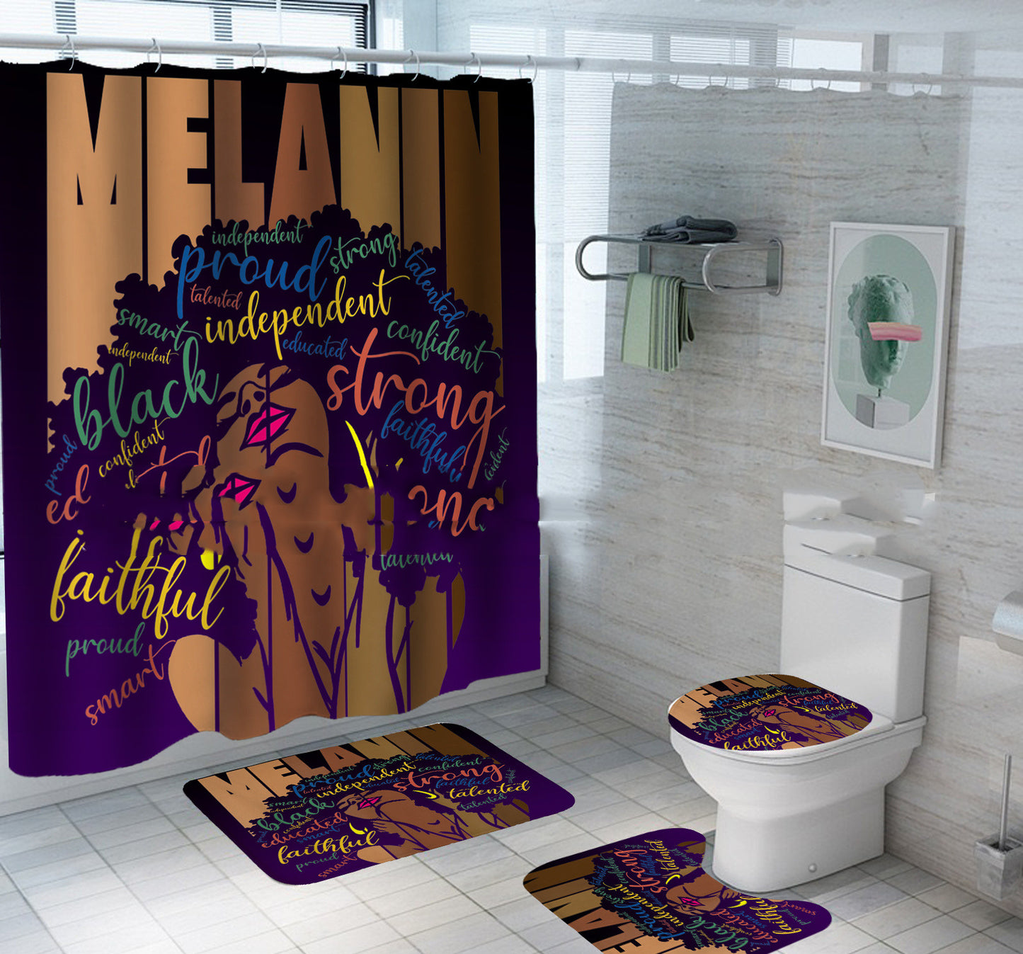 Tapisserie en Polyester Imprimée Tête de Femme Africaine Entourée de Lettres Explosives pour Décoration Murale Moderne