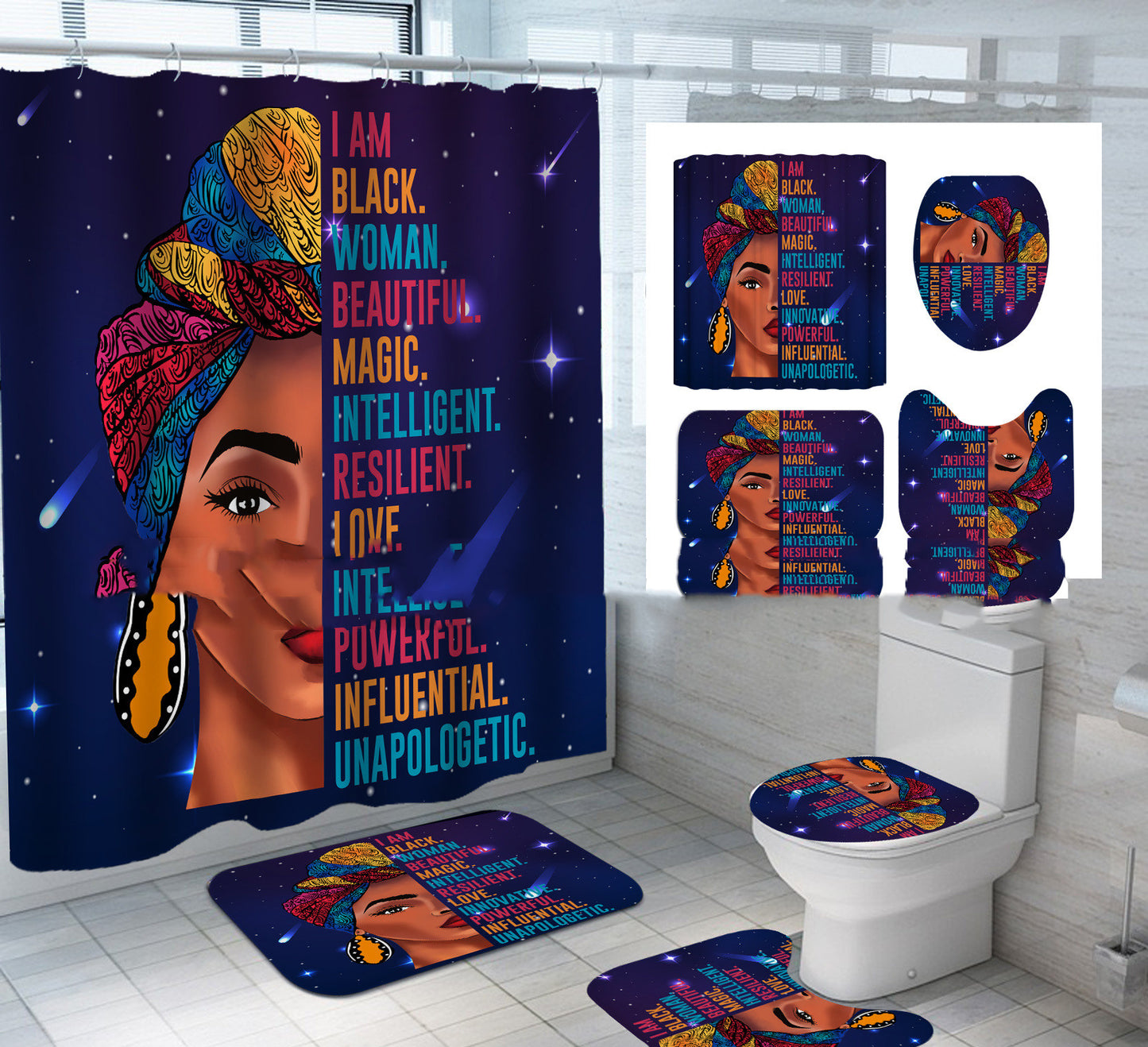 Tapisserie en Polyester Imprimée Tête de Femme Africaine Entourée de Lettres Explosives pour Décoration Murale Moderne