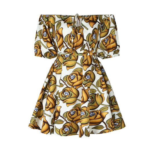 African Style Digital Printing Women's One-way Neck Sexy Mid-sleeve Dress With Lace Fashion Casual Pocket Skirt