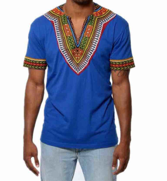 T Shirt Africain Imprimé Encolure En V Manches Courtes Style Ethnique Confort Moderne