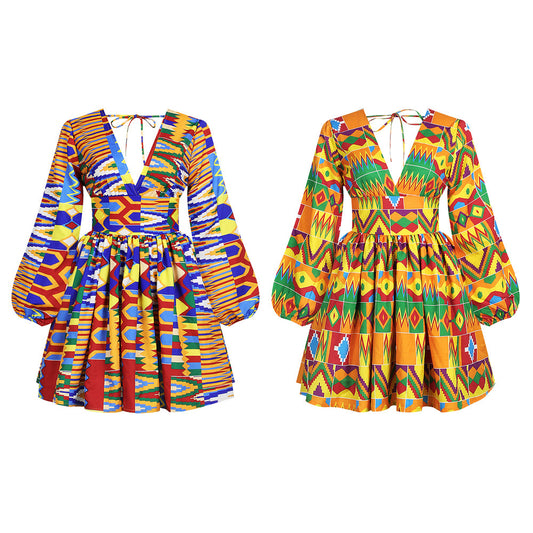 Robe Longue Africaine Imprimé Numérique Éclatant Avec Col En V Et Manches Lantern Pour Occasions Festives
