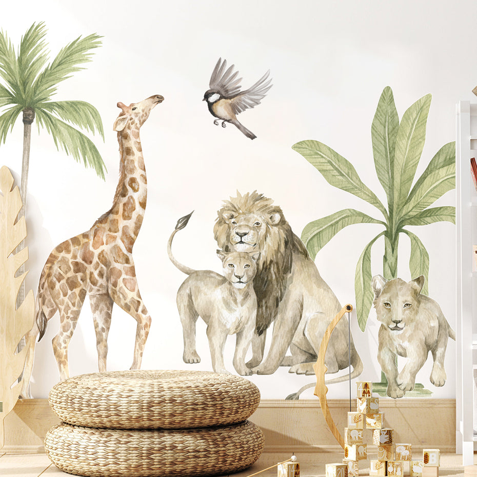 Sticker Mural Boho Grand Format Animaux Sauvages Africains Dans Un Paysage Tropical Avec Arbre