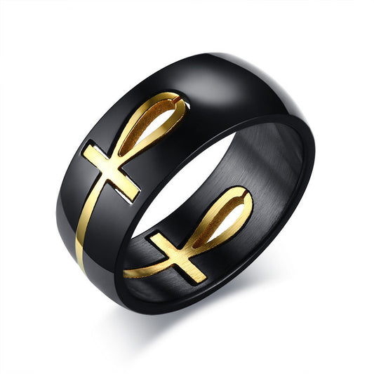 Bague Ankh Égyptienne Croix Séparable Personnalisable Acier Inoxydable 316L Noir Doré Clé De Vie Bijou Pour Homme