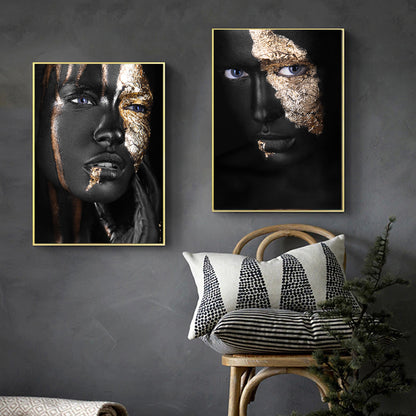 Peinture Décorative Sur Toile Femme Africaine Dorée Et Noire Élégante Pour Intérieur Moderne