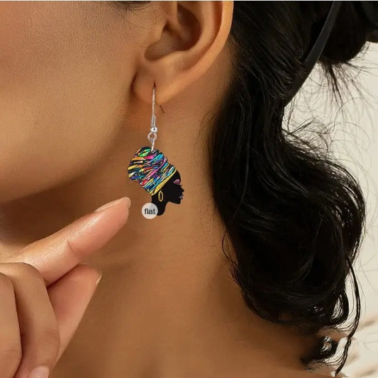 African Fashion Black Woman 2D Acrylic Portrait Earrings