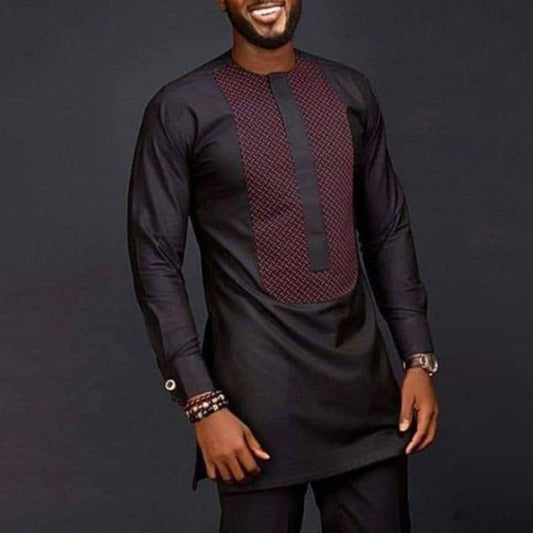Ensemble Décontracté Pour Homme Style Ethnique Africain Chemise Imprimée Avec Pantalon Uni