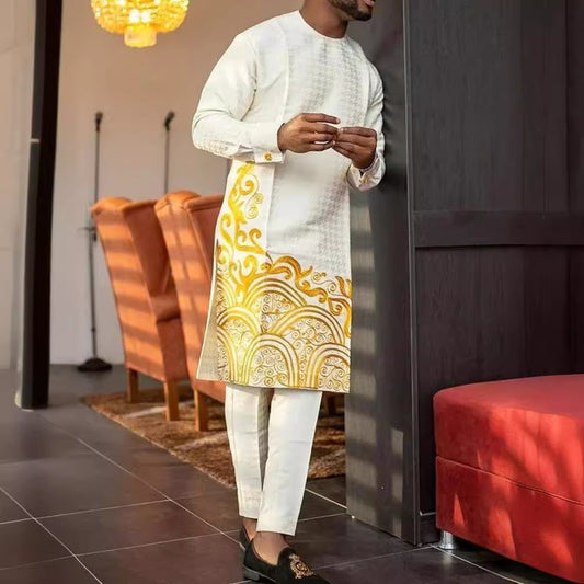 Costume Décontracté Masculin Imprimé Africain Minimaliste Or Pour Homme Style Ethnique Élégance Sans Effort