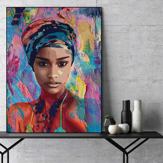 Tableau Huile Sur Toile Femme Africaine au Turban Impression Moderne Pour Mur Ou Salon Art Contemporain