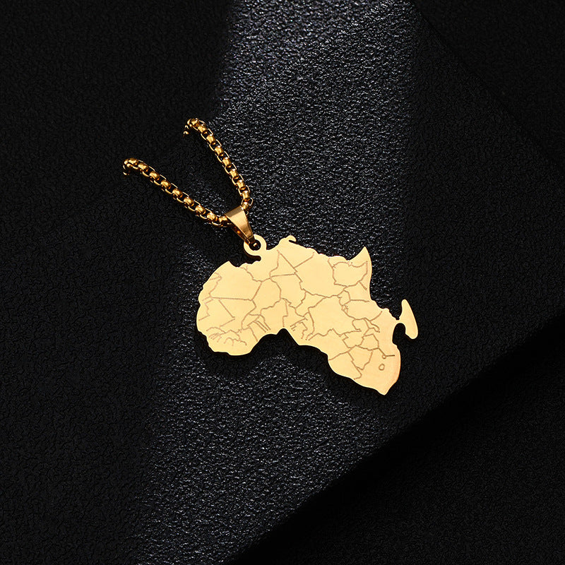 Collier Unisexe Carte Afrique Style Hip Hop Retro Europe Amerique Plaqué Or Titane Acier Inoxydable