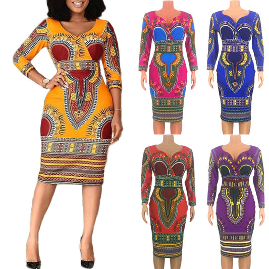 Robe Femme Africaine Moderne Avec Manches Trois Quart Encolure En V Coupe A Line Pour Look Urbain Chic