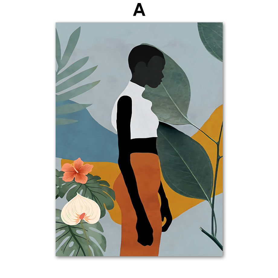 Tableau Abstrait Femme Africaine Fleur et Feuille sur Toile Murale Art Canvas Moderne