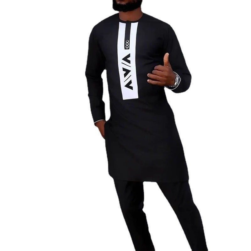 Ensemble Noir Manches Longues en Coton Style Ethnique Africain pour Printemps Automne Confortable
