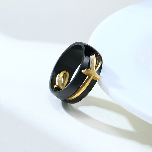 Bague Ankh Bicolore Détachable Pour Hommes En Acier Inoxydable Avec Finition Dorée Et Noire