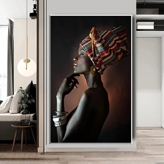 Tableau Sans Cadre Art Africain Jeune Fille Noire Bijoux Argentés Sur Toile Contemporaine