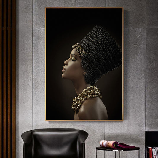Peinture Sur Toile Sans Cadre Femme Africaine Portant Collier De Perles Art Mural Poster