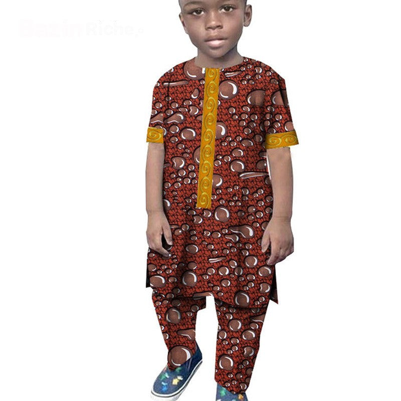 Ensemble Enfant Deux Pièces Wax Coton Avec T Shirt Et Pantalon Motif Africaine Confortable Et Authentique