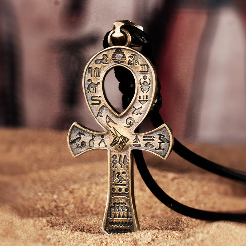 Pendentif Croix Ancien Anka Égyptien ANU BIS Argent Cuivre Avec Chaîne 60 Cm Ou Corde Cire